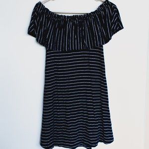 Off-The-Shoulder Mini Dress - [EUC] W Small - Casual, Preppy, Navy, Striped